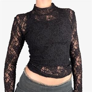 Renato Nucci french vintage black full lace long sleeve turtleneck sheer top - S